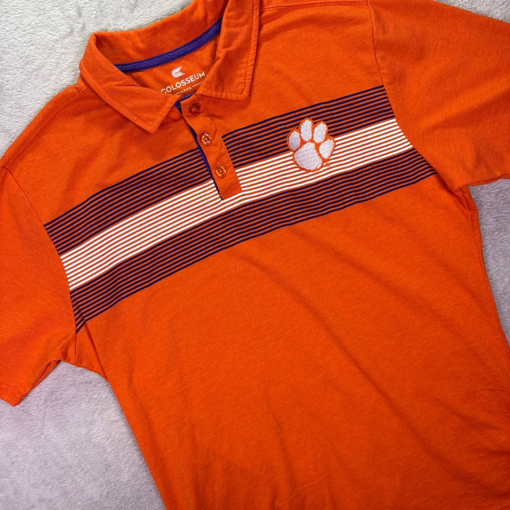 Colosseum Mens Polo Large Orange Clemson Tigers Striped Embroidered Logo